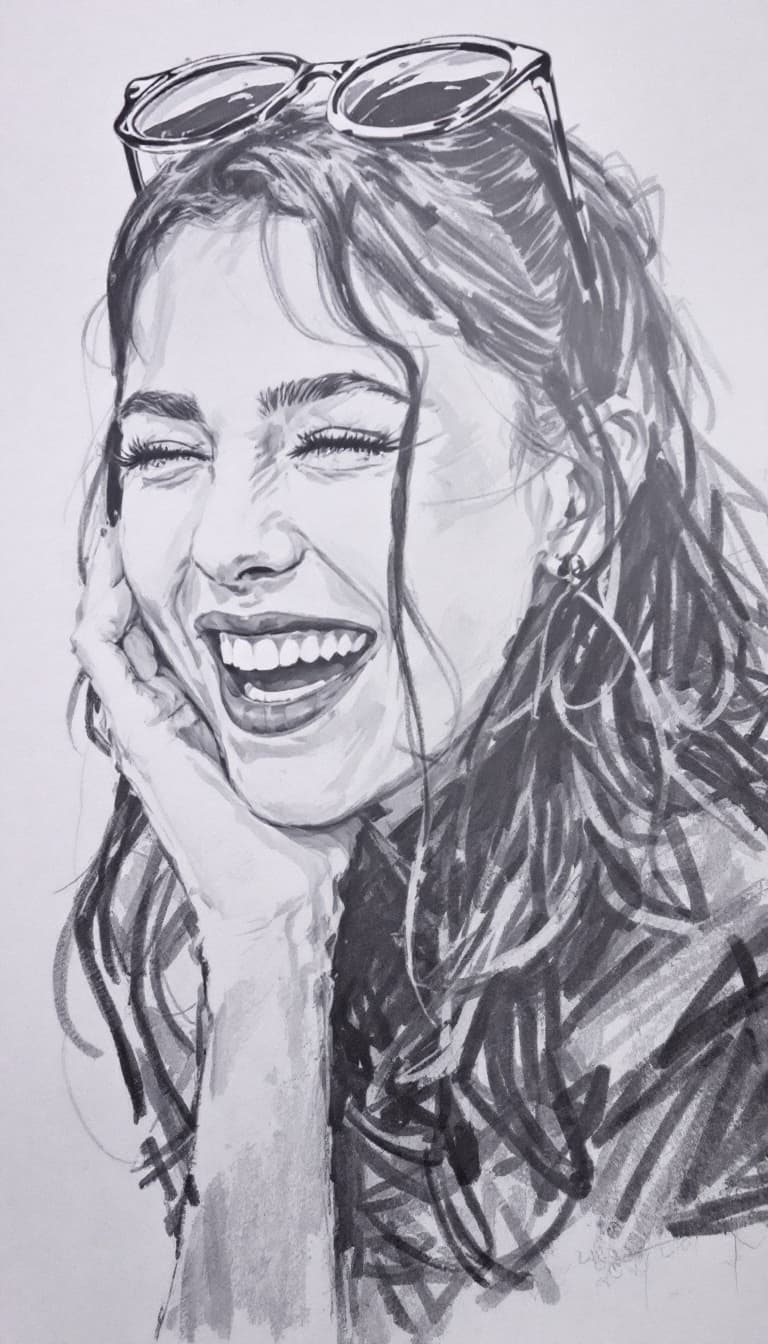 AI generated: Girl, charcoal sketch, laughing
