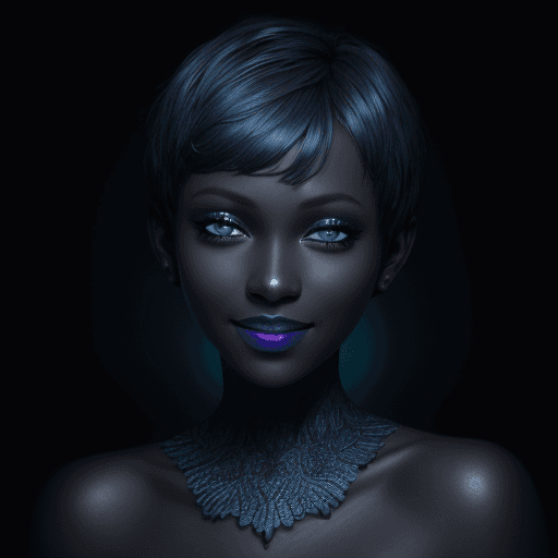 AI generated: beautiful lady,, big smile, blue eyes, short hair, dark skin, dark makeup, hyperdetailed photography...