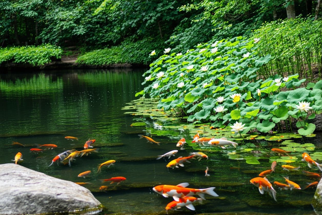 AI generated: quiet pond with lilies and carp in the water. rocky shore.