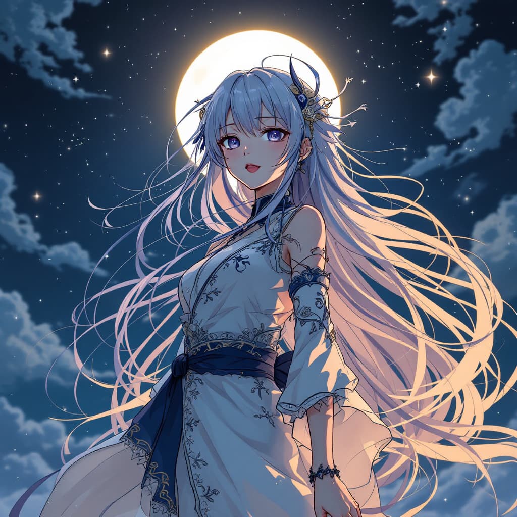 AI generated: a Japanese animated girl that is a moon god that has very long hair.


