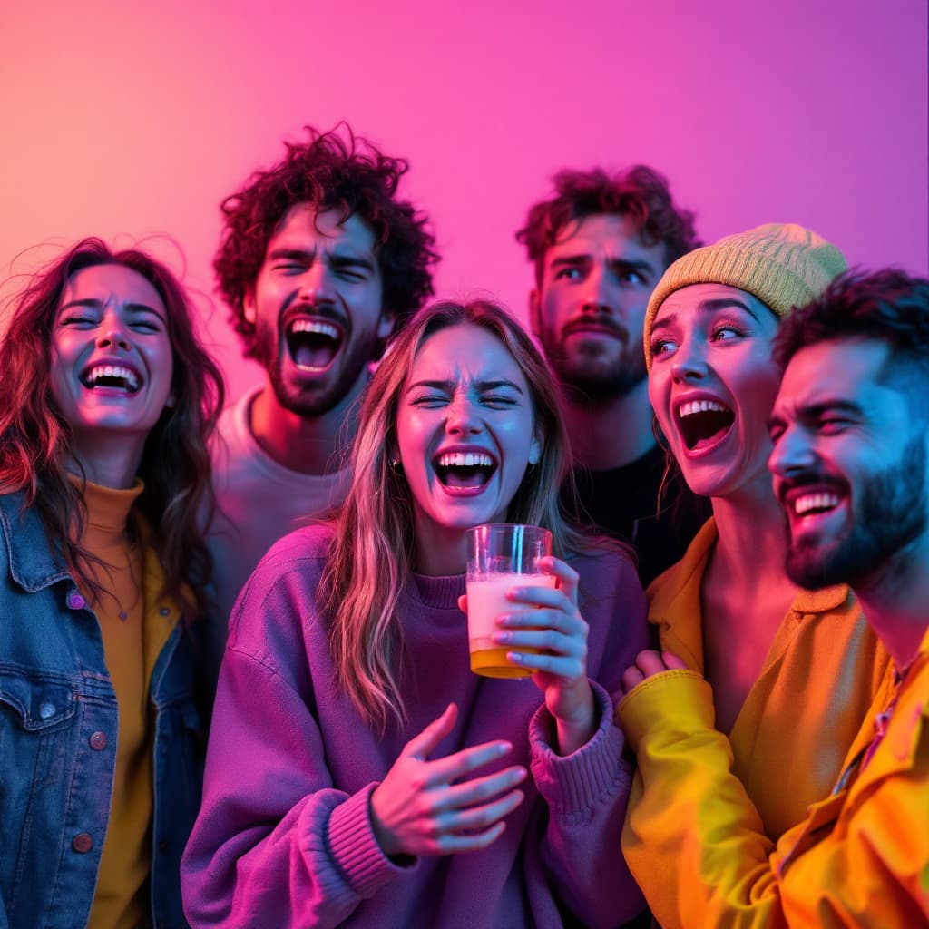 AI generated: Hyperrealistic photo of a group of 5 Slavic friends, each showing a different emotional reaction: on...
