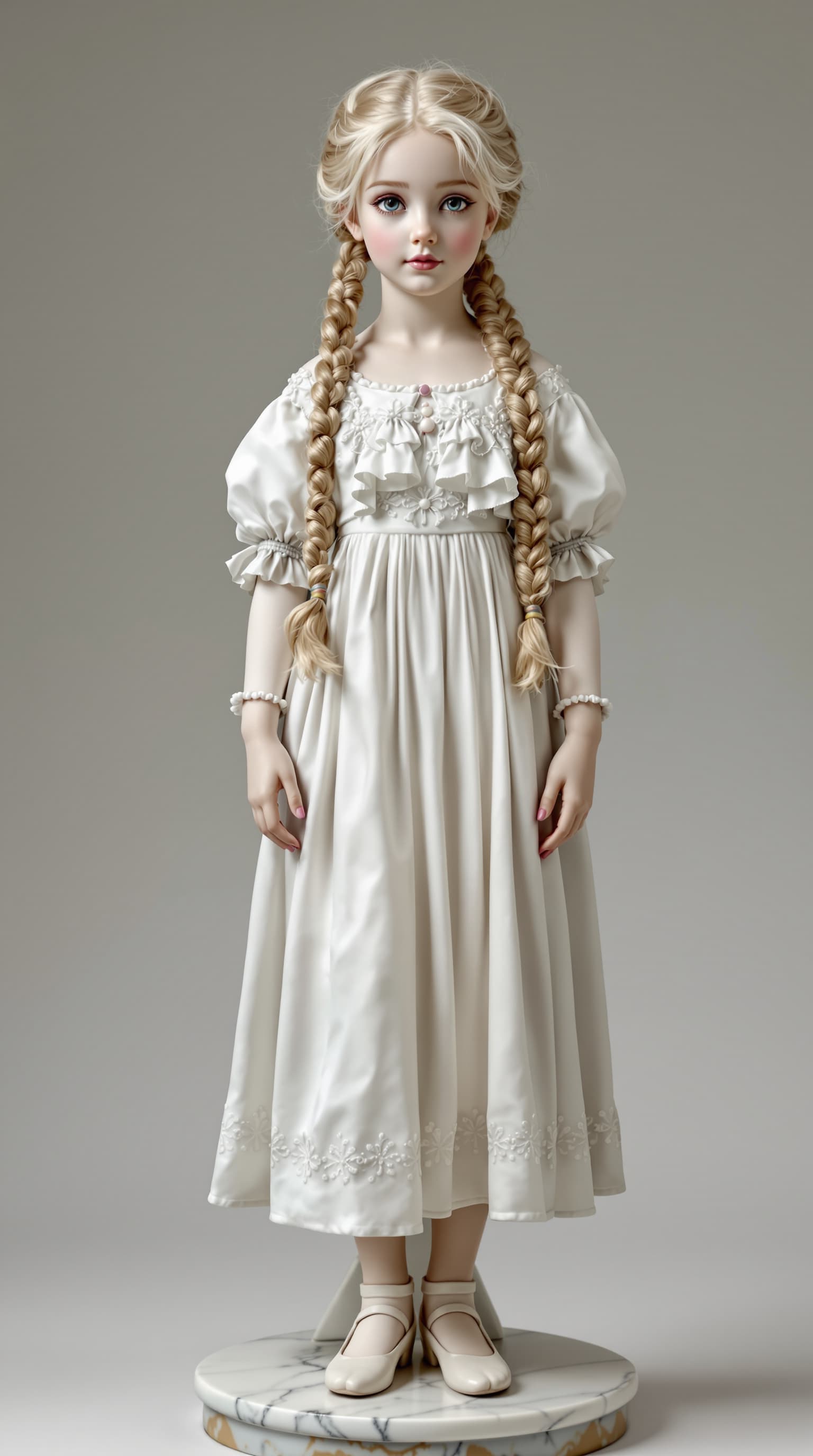 AI generated: A professional photograph captures the exquisite antique porcelain figurine of a ten-year-old girl, ...