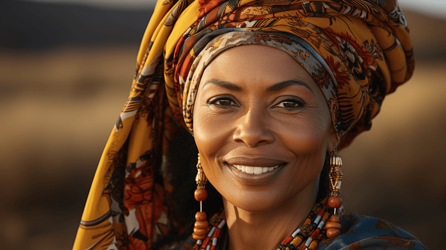 AI generated: half profile shot, A cute hot african mature woman tribe peul in african plains, dark brown skinned ...