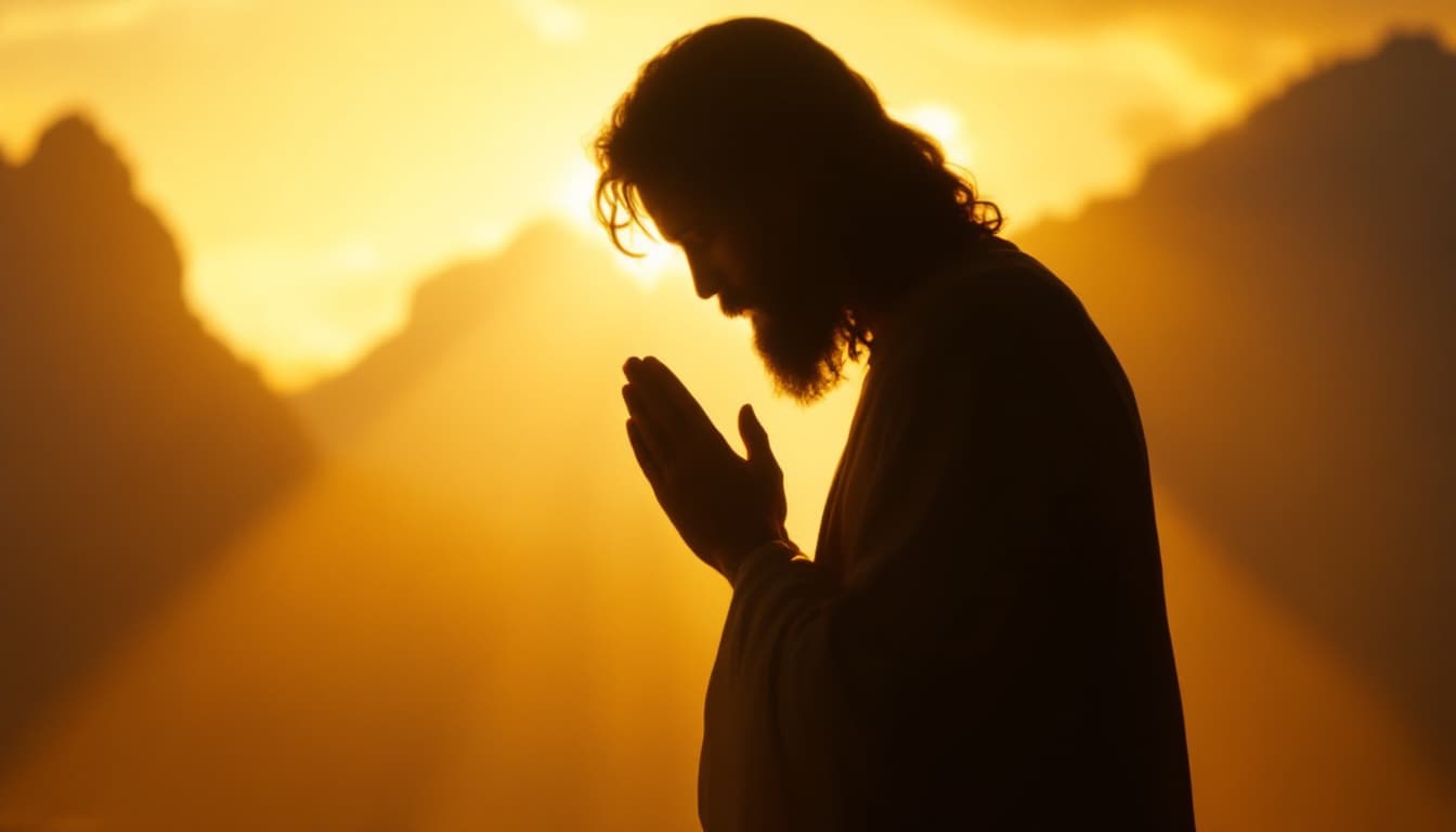 AI generated: “Silhouette of Jesus glowing softly, standing behind a praying person, comforting presence, peaceful...