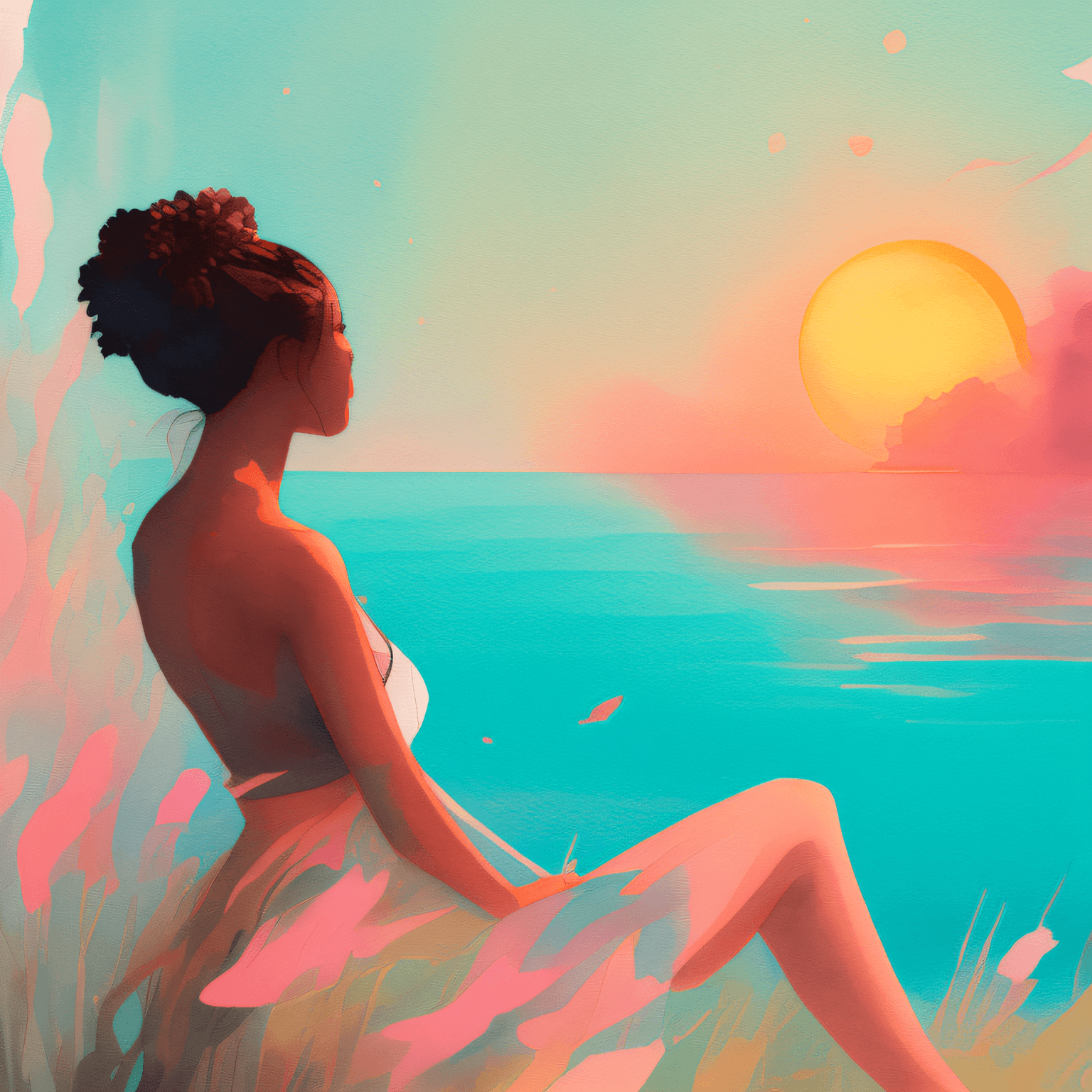 AI generated: close-up of a beautiful girl sitting at a lake with fishes, sunrise, paint splatter, watercolor, wtr...