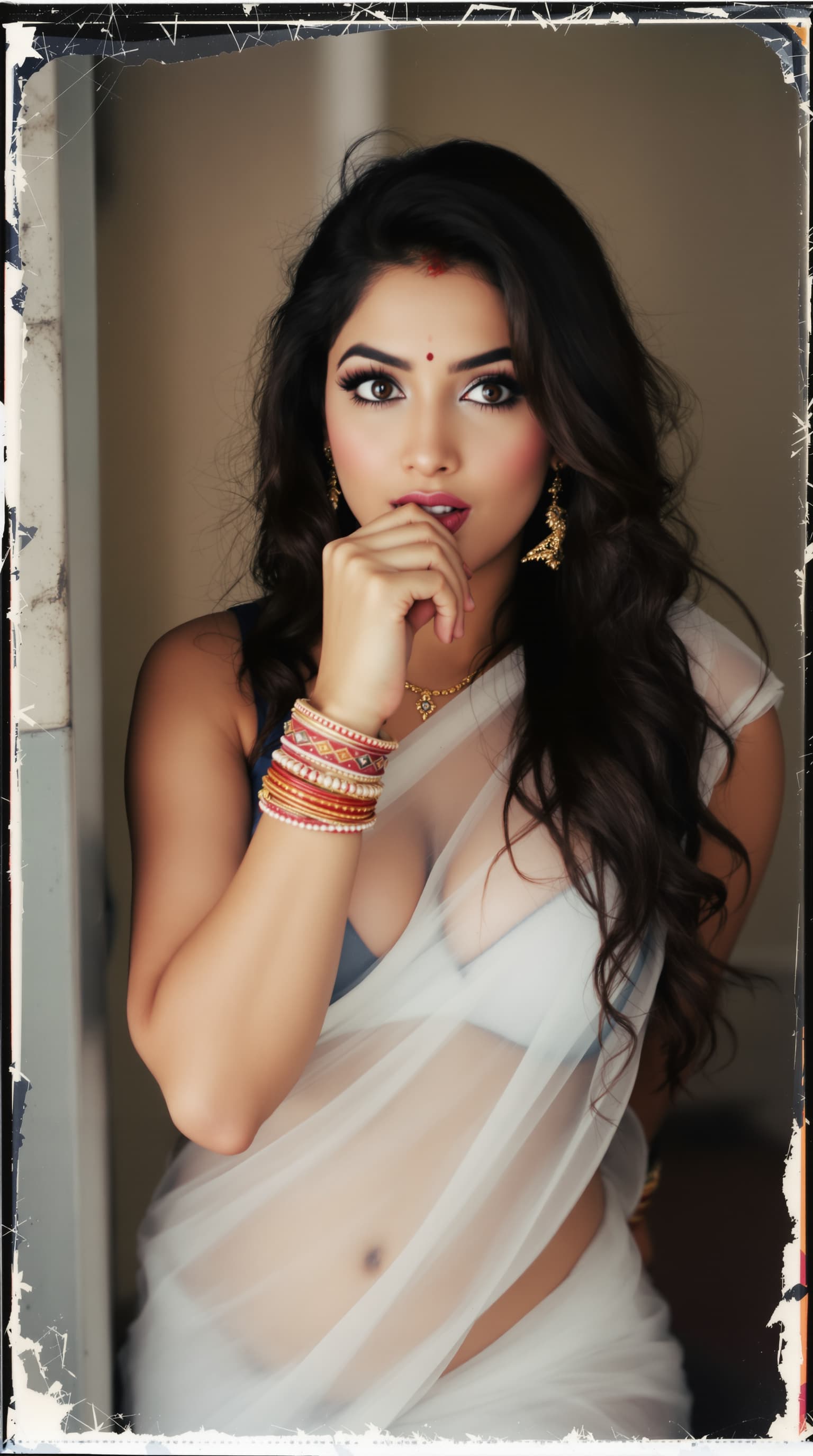 AI generated: Priya anand, biting her lip, 18-21 years old, brown hair, Indian hair style, saree,trying to removin...