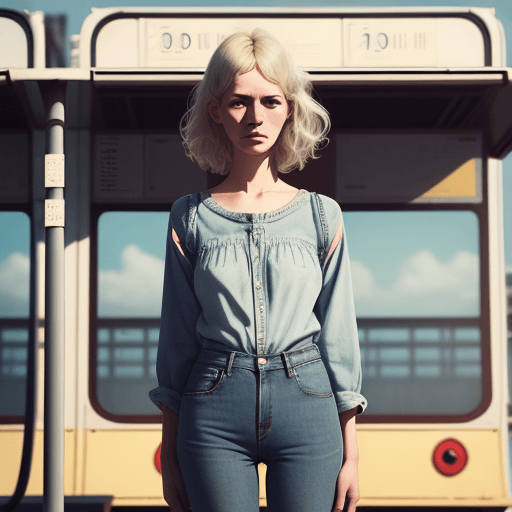 AI generated: a woman wearing jeans standing in front of the bus stop, in the style of Oleg Oprisco, video, Jocely...