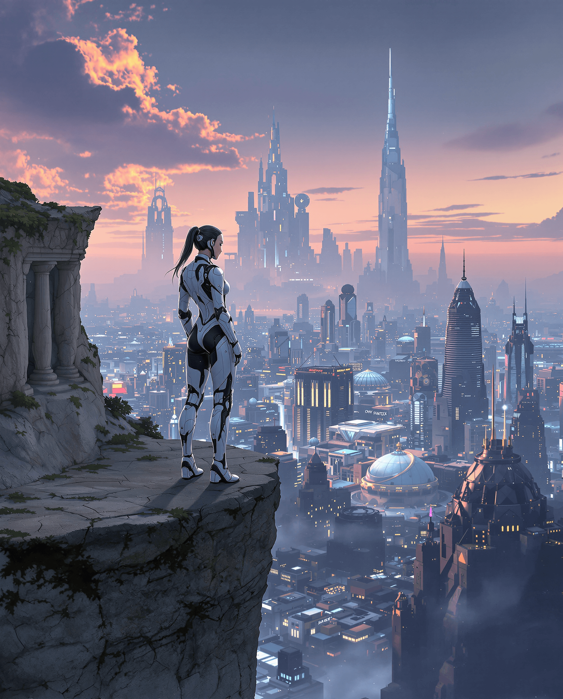 AI generated: A futuristic cityscape with a woman in a sleek, robotic suit standing on a cliff overlooking the cit...