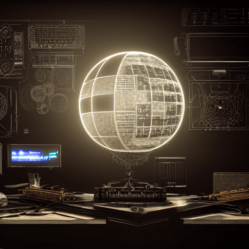 AI generated: complex portrait of a cyberpunk sphere computer, over a table, leds, black plastic, symmetrical, fra...