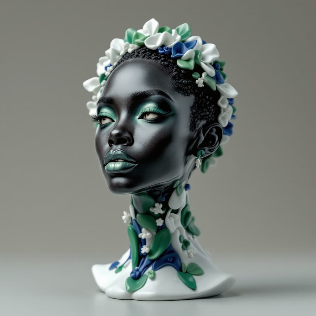AI generated: a black African woman made out of porcelain, in the style of balanced symmetry, green ,white and blu...