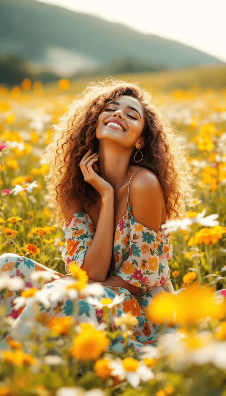 AI generated: /imagine prompt: The Brazilian beauty in a flowing floral summer dress, sitting on a picnic blanket ...