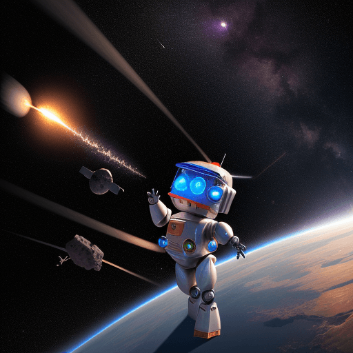 AI generated: 
a small robot collecting meteor in space

