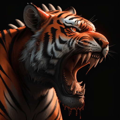 AI generated:  ultra photoreal image, 3d octane unreal engine render of a tigerhead roaring and dripping with reds...