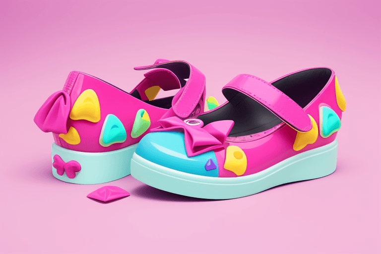 AI generated: Create a Melissa pair of shoe with the Fini candy aesthetic, it must be very fun and colorful. Use t...