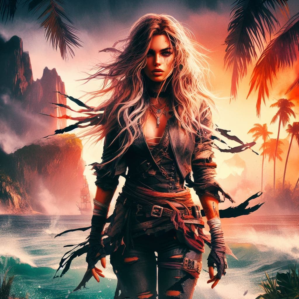 AI generated: best quality, ultimate detailed, digital art illustration, a female badass pirate abandoned, lost al...