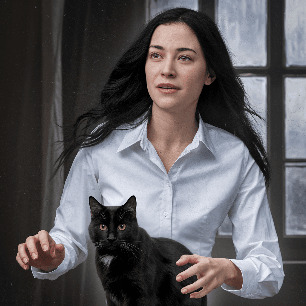 AI generated: High resolution of a woman ghost, she has nothing on and its floting avobe a cat
