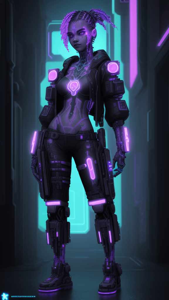 AI generated: blacklightfractalneonholofluid cyberpunk character