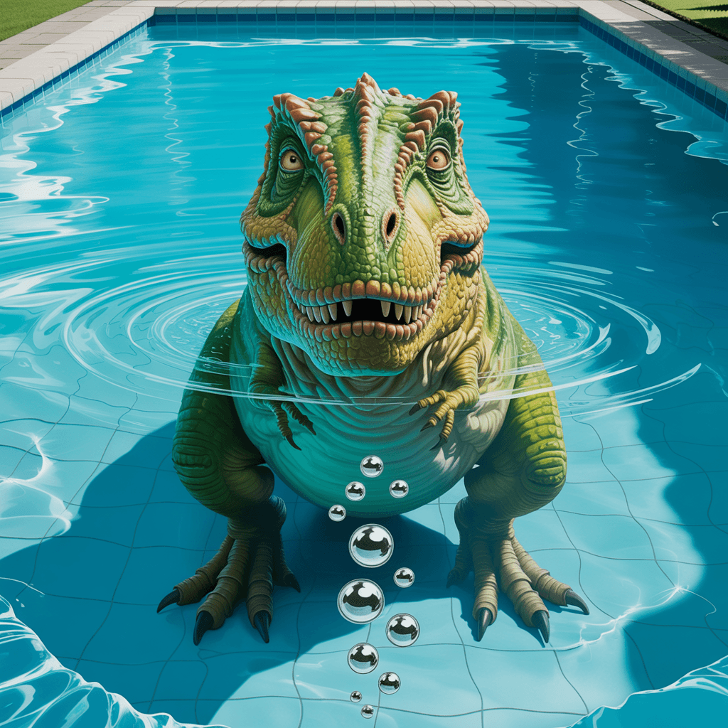 AI generated: A hyperrealistic digital painting of a massive Tyrannosaurus rex awkwardly bobbing in a pristine bac...