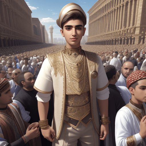 AI generated: Yemini boy, realistic, HD, wearing Yemini outfit, among crowd