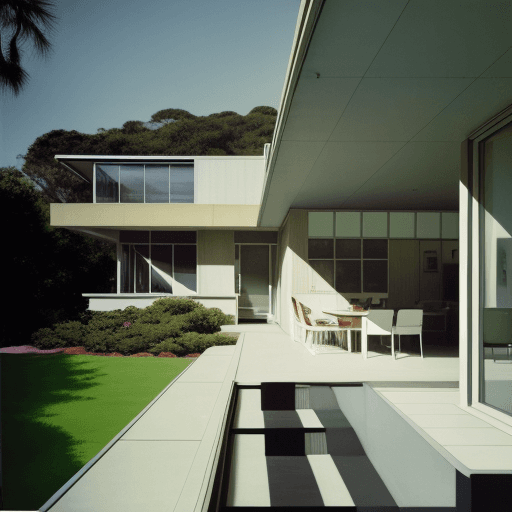 AI generated: Hyper realistic eye level exterior photo of a mid century modern style house overlooking the ocean, ...