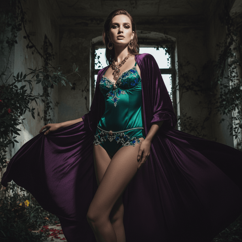 AI generated: A confident woman with medium brown hair and smoky eyes, wearing a vibrant emerald green leotard wit...