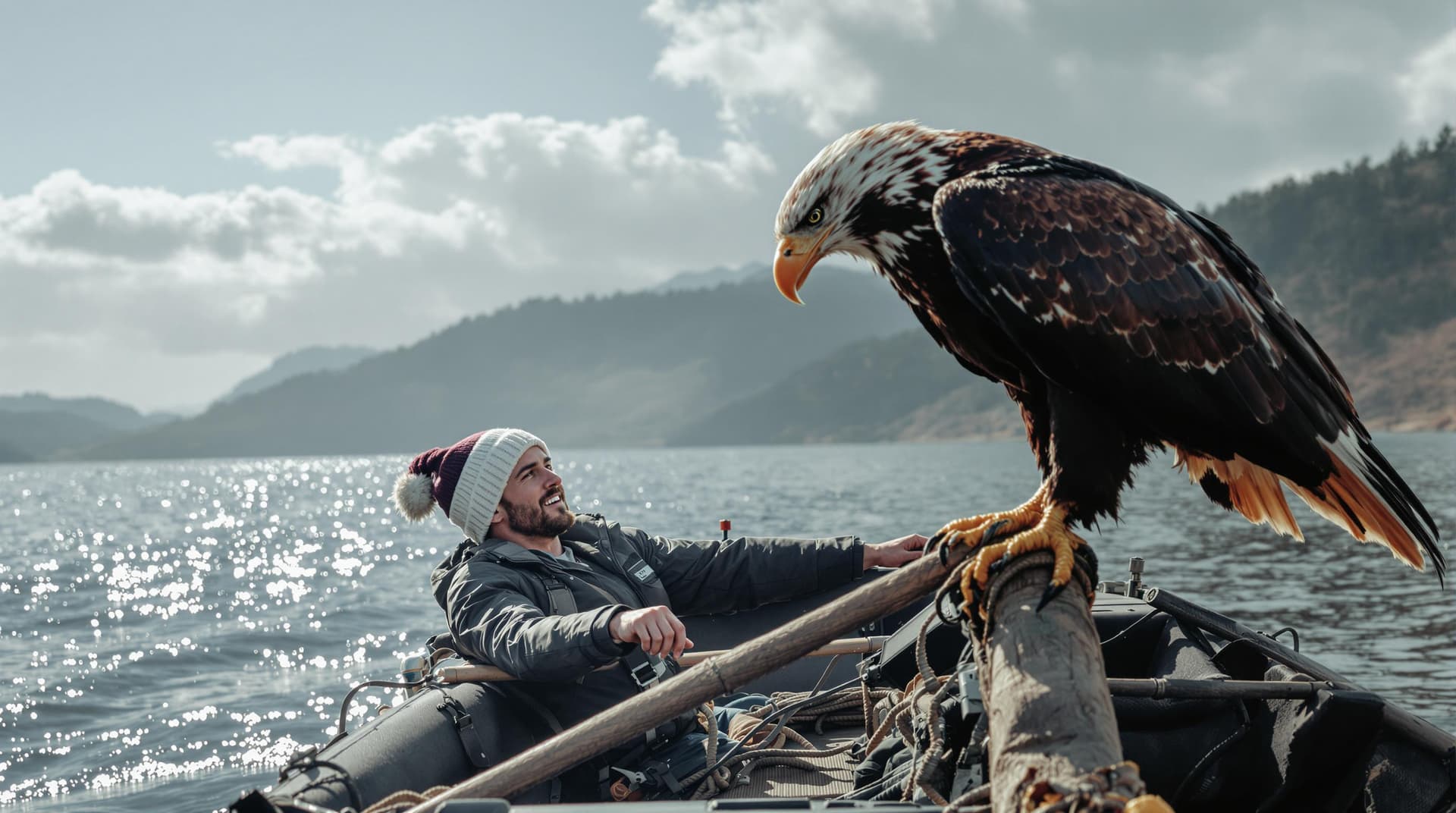 AI generated: a man in boat with eagle 