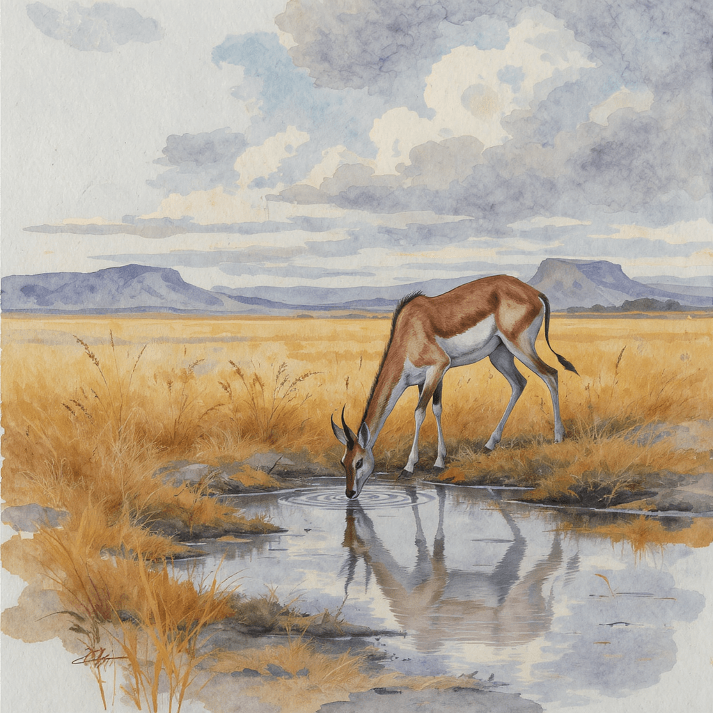 AI generated: A highly detailed and atmospheric painting of an antelope drinking water from a small pond, set in a...