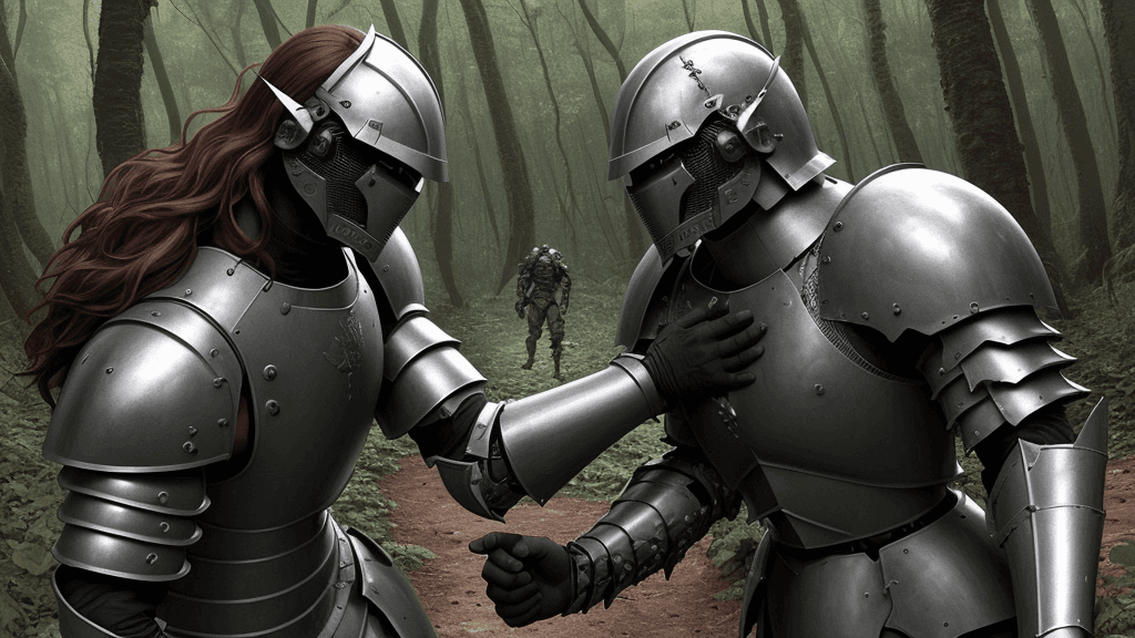 AI generated: a war between human male Armoured warriors in a forest, hair, man face
