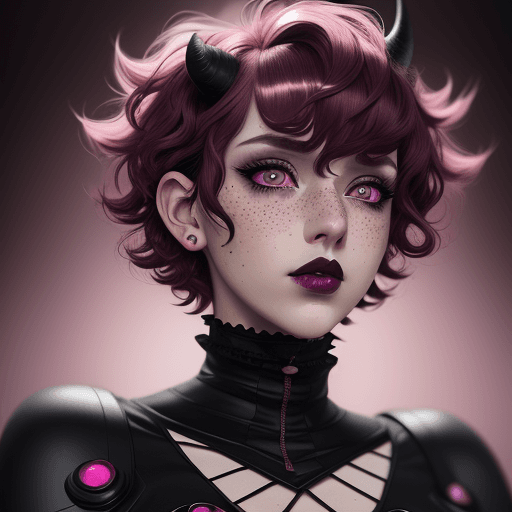 AI generated: anime style, Handsome woman with pink medium short curly hair, freckles, revealing her big deep pink...