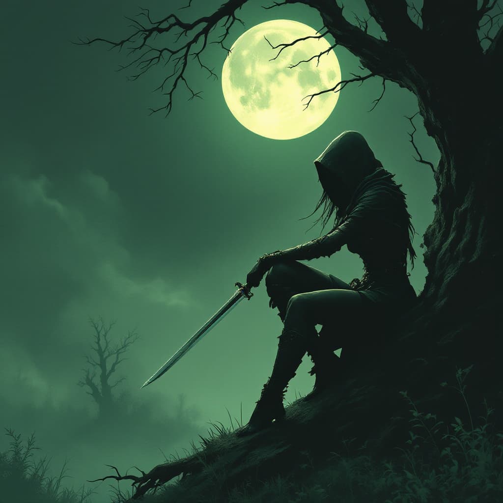 AI generated: A hooded female figure sits on the edge of an old tree, holding a sword in one hand, Barefoot, rugge...