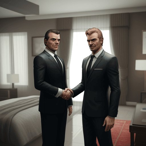 AI generated: 2 men in suite handshaking dealing a house in GTA photos style
