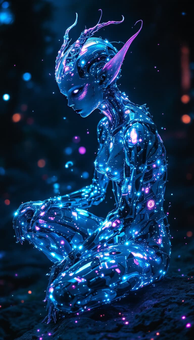 AI generated: surreal black light poster of a intricate portrait of An amazing cyberpunk elven pixie cyborg creatu...