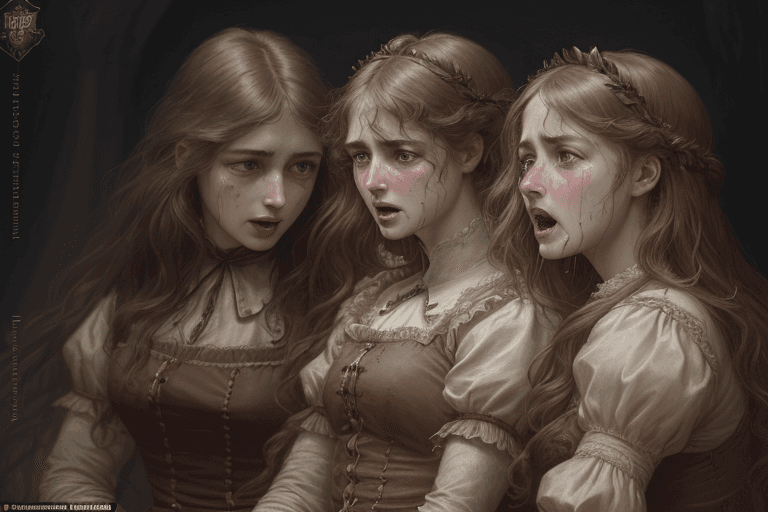 AI generated: full woman, angry, crying blood insipired by Edouard Bisson The Three Grace's and Il canto dell'allo...
