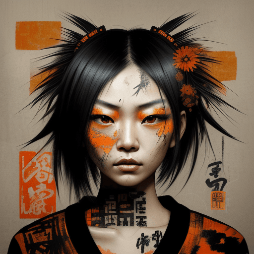 AI generated: Asian woman, beautiful face, black and orange color tones, wabi-sabi art, abstract , punk collage , ...