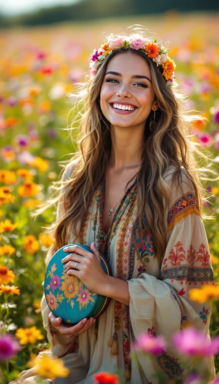 AI generated: A vibrant portrait of a joyous woman, her gaze radiant, her eyes sparkling with light, posing in a f...
