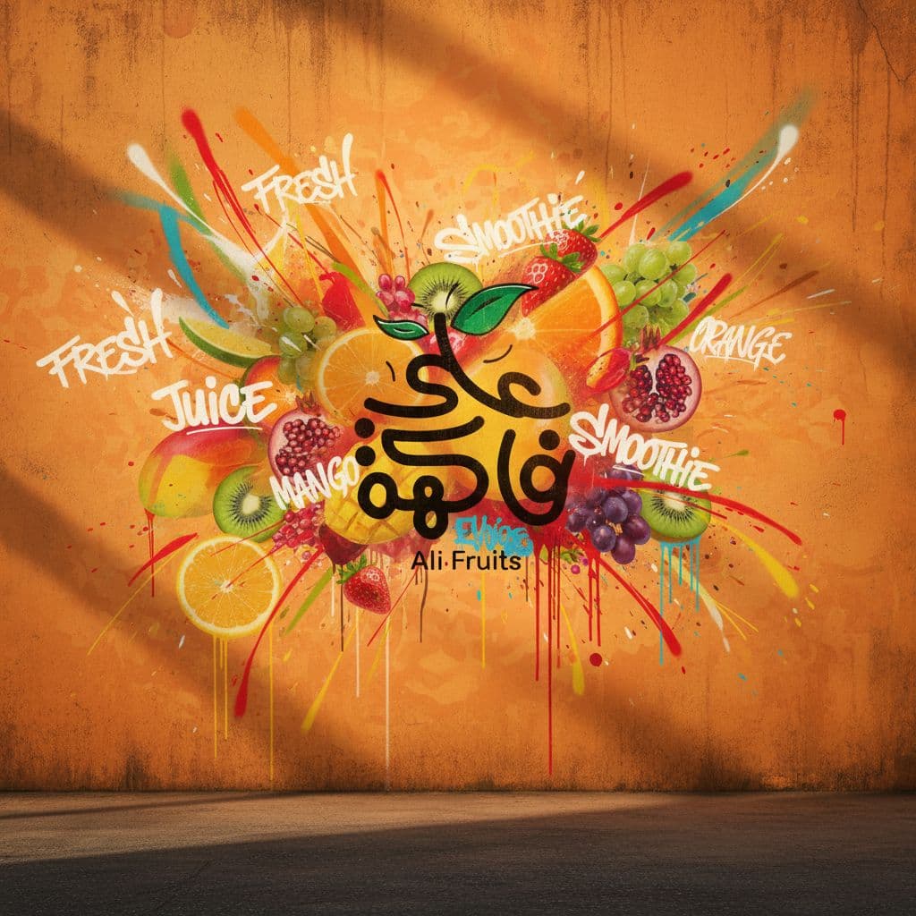 AI generated: Conceptual urban fine-art mural representing mixed fruit and juice energy — dominant warm orange bac...