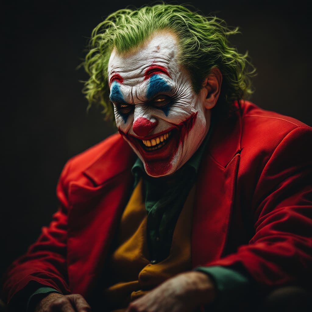 AI generated: <lora:JoaquinPhoenixDoguXLuse@1.24:1> jqwx man, (55 y.o), (dressed as the joker), red jacket, wrinkl...
