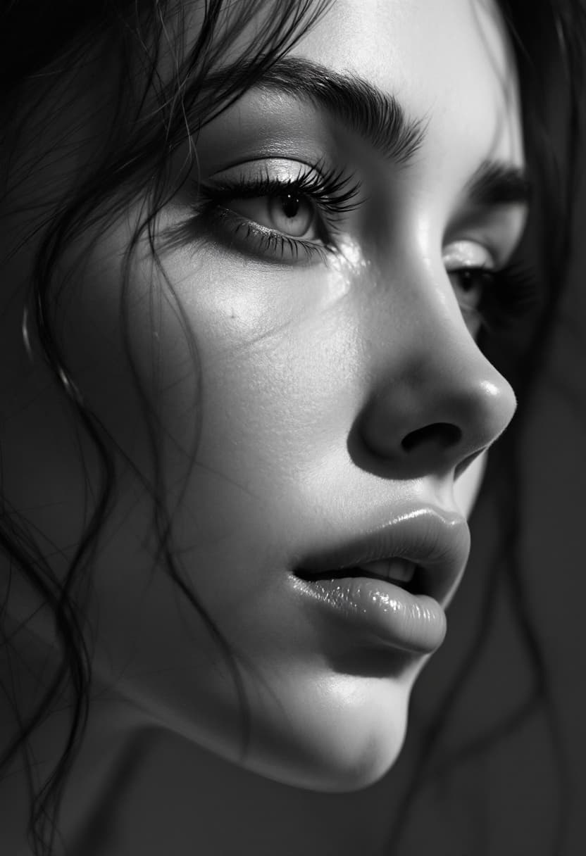 AI generated: Female face sketch, realistic skin pores, expressive lines in beautiful portrait style. Black and wh...