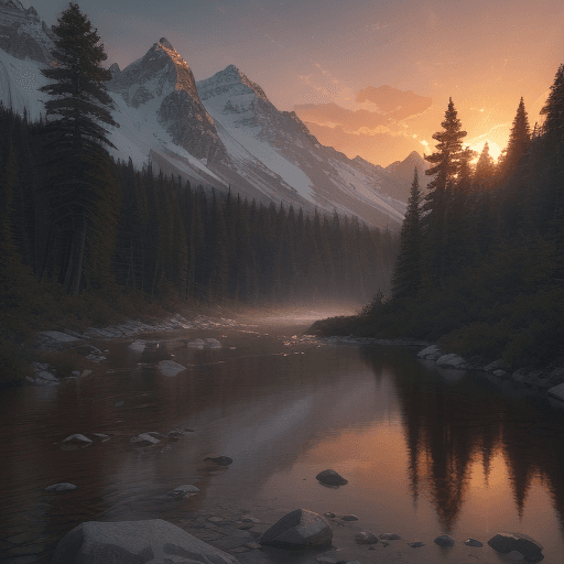 AI generated: Photo of a 2008 Sunset Creek by Sunnybrook M-267RL camping in the mountains, dramatic light, pale su...