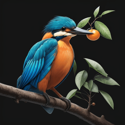 AI generated: a orange fruit  tree，a few oranges, A kingfisher stands on a tree branch, high contrast, high defini...