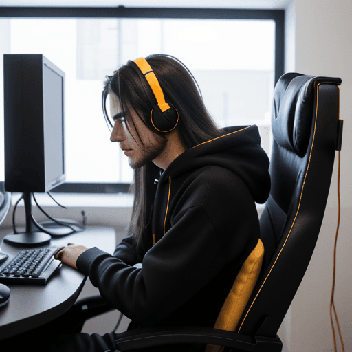 AI generated: guy, on gaming chair, wearing headphones, hoodie,  long hair, facing computer, side view, minimalist...