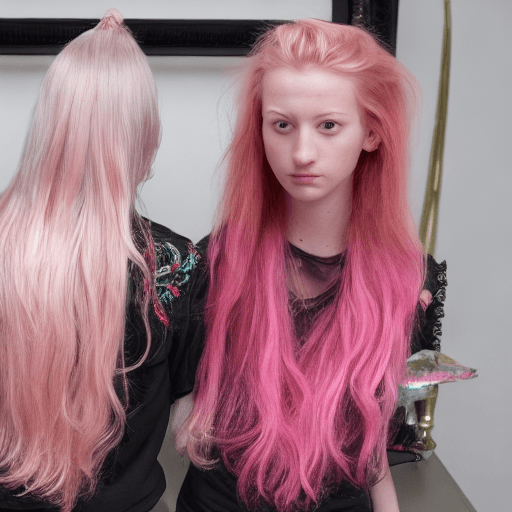 AI generated: (((2 girls))),ray tracing, (dim light), [realistic] ((detailedbackground(bedroom))),(((pink hair)), ...