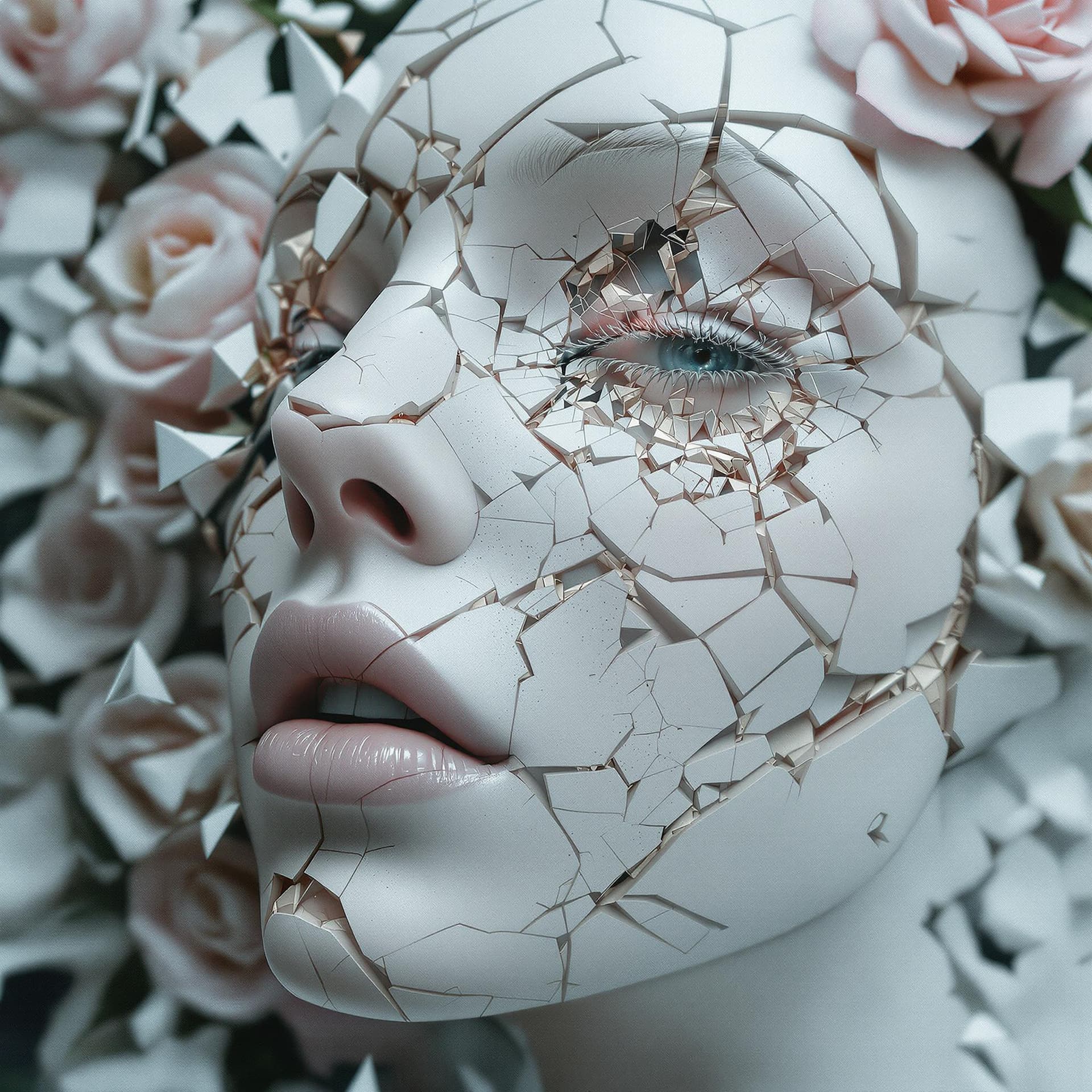 AI generated: Death of a beautiful humanoid female,  close up of a broken android, digital art, cracked porcelain ...