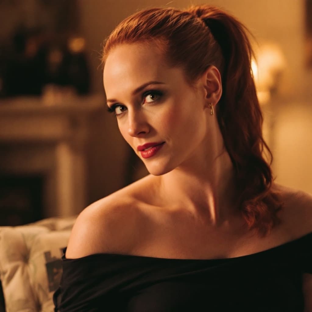 AI generated: Jessica Chastain with pony tail hair, wearing an off-shoulder black open bra. She gazes softly towar...