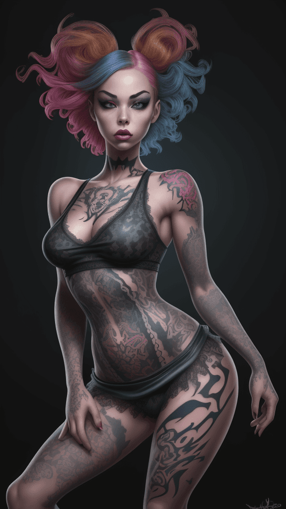 AI generated: This vividly colored digital illustration captures a "flawless tank 'lace' girl" posed asymmetricall...