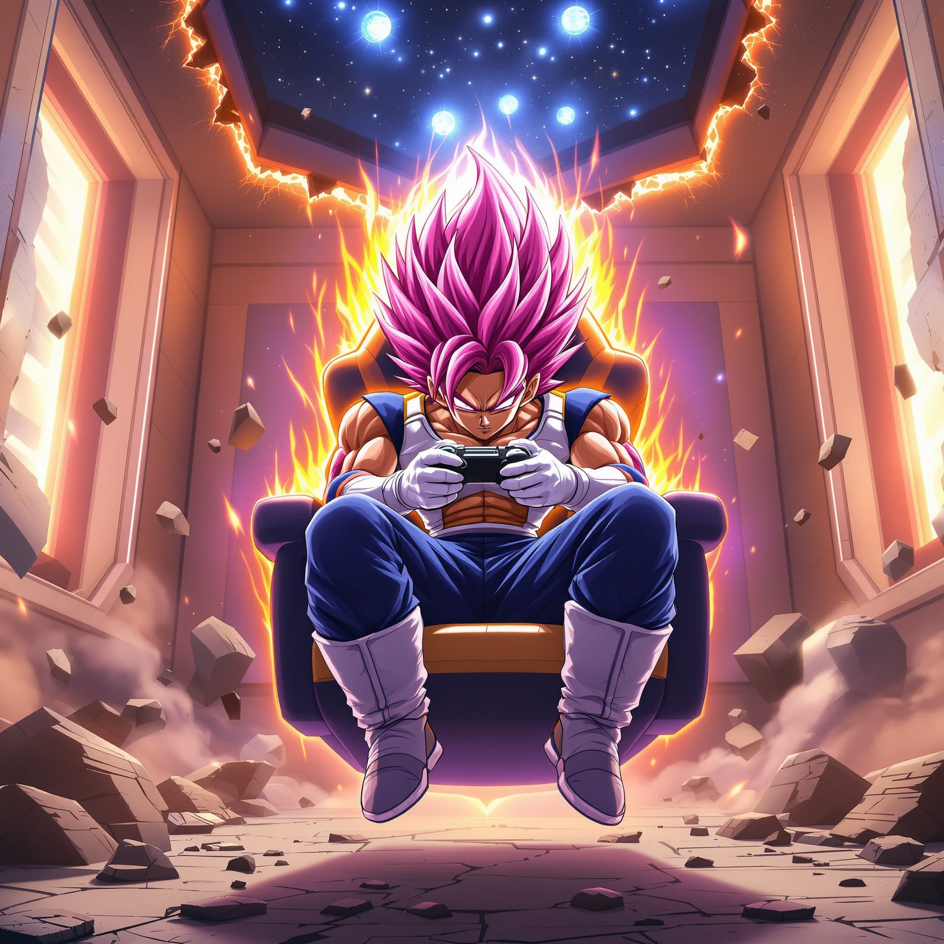 AI generated: full figure front view of super saiyan vegeta with the saiyan level 4 hair is fully powered up in a ...