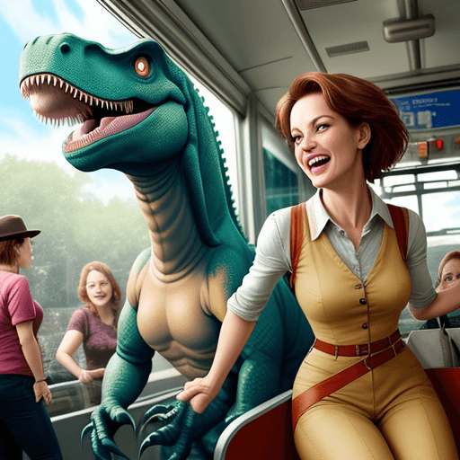 AI generated: Dinosaur women riding a train