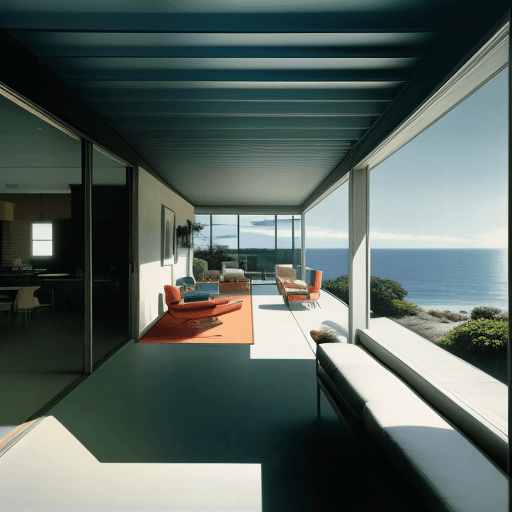AI generated: Hyper realistic eye level exterior photo of a mid century modern style house overlooking the ocean, ...