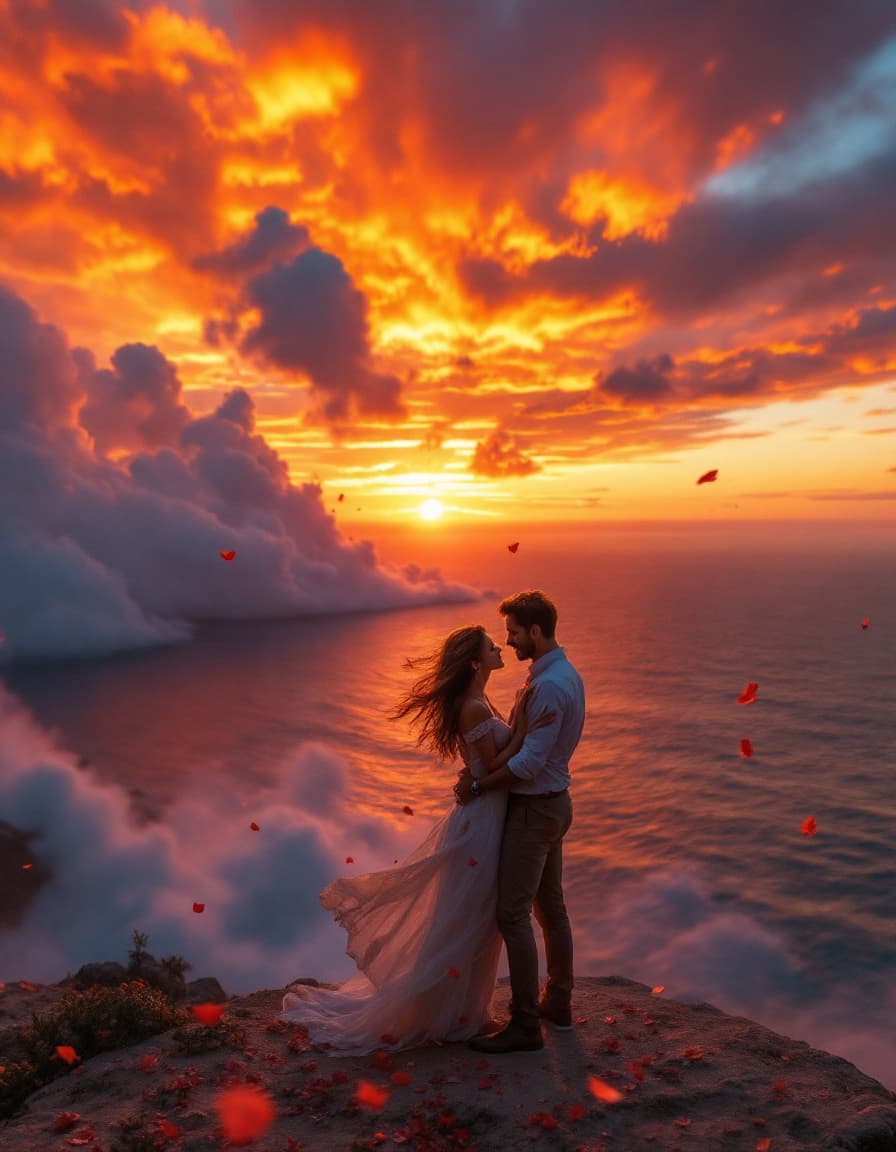 AI generated: A romantic, cinematic scene of a couple embracing on the edge of a cliff overlooking an endless ocea...