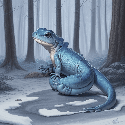 AI generated: blue salamander in sneakers in winter forest, high quality image, 4k, detailed character drawing